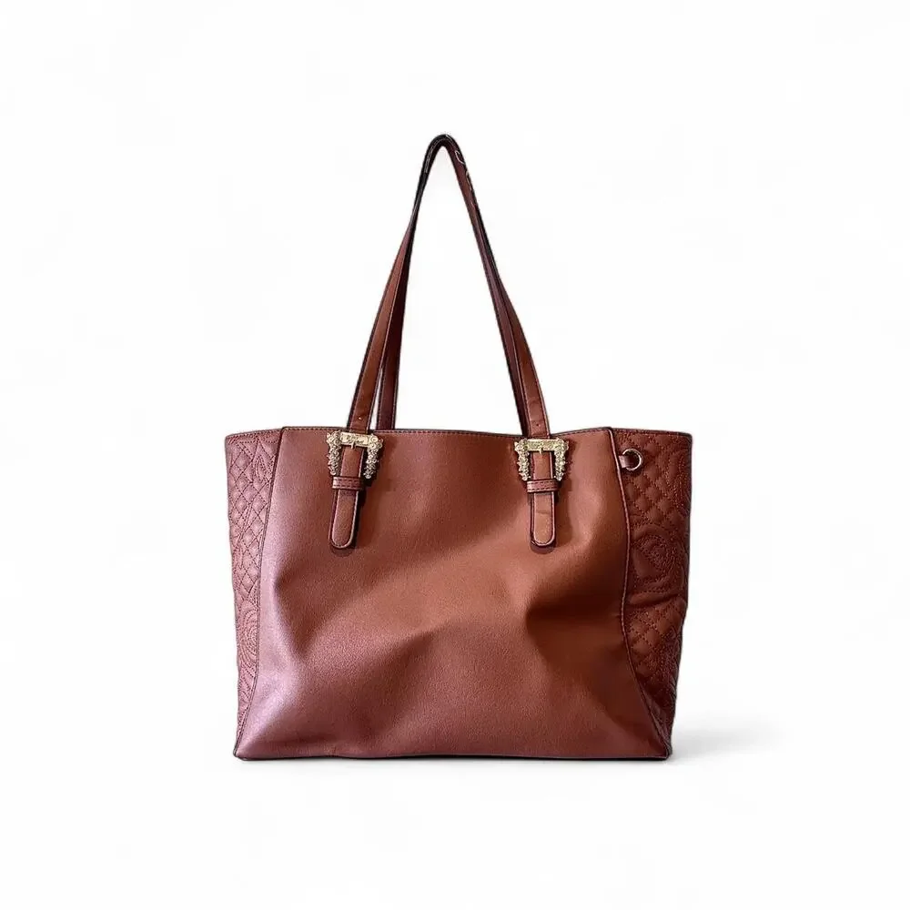 Vintage Betsey Johnson Cognac Leather Embroidered Quilted Structured Tote Bag
